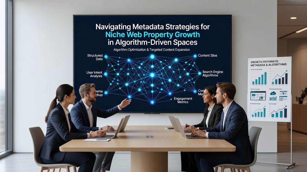 Infographic illustrating metadata schema deployment across niche web properties and their impact on algorithmic visibility